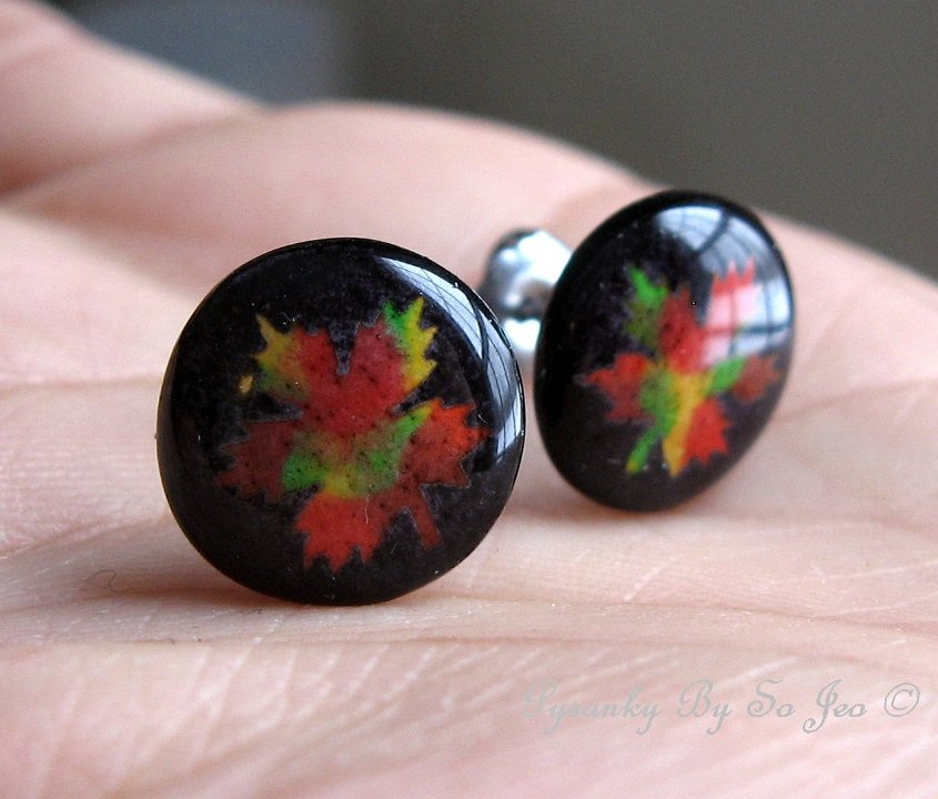 Tiny Maple Leaf Stud Earrings Pysanky Jewelry by So Jeo
